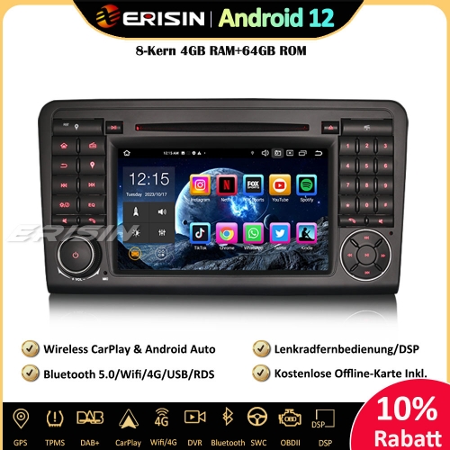 Erisin ES8583L 7 Zoll 8-Kern Android 12 Autoradio GPS CarPlay DAB+ Navigation OBD2 Wifi Canbus Für Mercedes Benz ML/GL-Klasse W164 X164