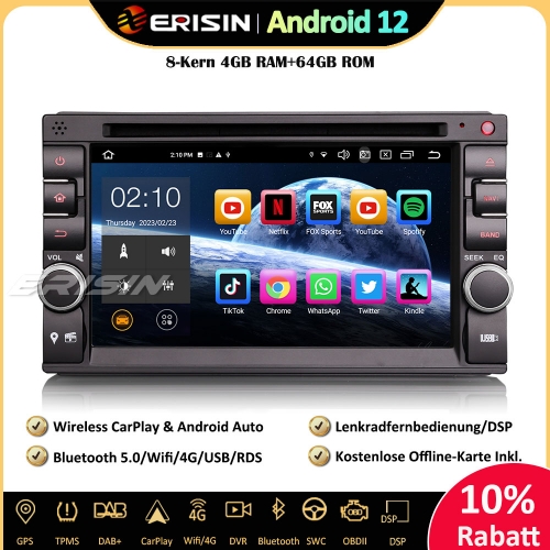 Erisin ES8536U 6.2 Zoll 8-Kern 4GB+64GB Android 12 Autoradio GPS CarPlay DAB+ Navigation OBD2 Wifi CD DVD TPMS DVR RDS USB DSP DTV