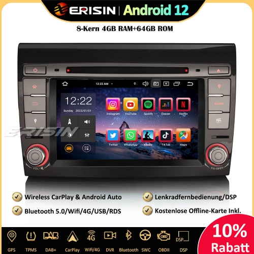 Erisin ES8571F 7 Zoll 8-Kern Android 12 Autoradio mit GPS Navigation Für FIAT BRAVO Unterstützt Wireless CarPlay DAB+ OBD2 Wifi Canbus