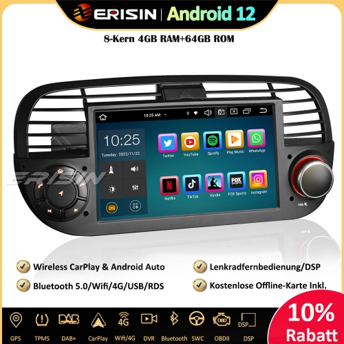 Erisin ES8550FB 7 Zoll 8-Kern Android 12 Autoradio mit GPS Navigation Für Fiat 500/500C/500S/500E Unterstützt Wireless CarPlay DAB+ OBD2 Wifi Canbus