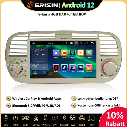 Erisin ES8550FW 7 Zoll 8-Kern Android 12 Autoradio mit GPS Navigation Für Fiat 500/500C/500S/500E Unterstützt Wireless CarPlay DAB+ OBD2 Wifi Canbus