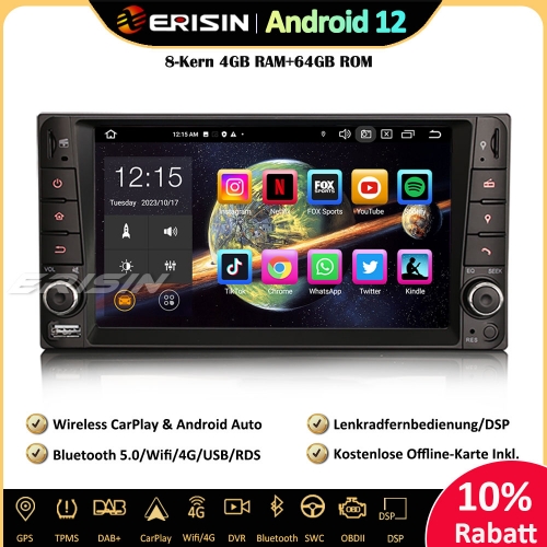 Erisin ES8512C 7 Zoll 8-Kern 4GB+64GB Android 12 Autoradio mit GPS Navigation Für Toyota Corolla RAV4 Vios Hilux Unterstützt Wireless CarPlay DAB+ OBD