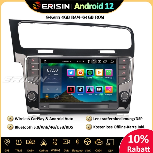 Erisin ES8511G 9 Zoll 8-Kern 4GB+64GB Android 12 Autoradio mit GPS Navigation Für VW Golf 7 VII Unterstützt Wireless CarPlay DAB+ OBD