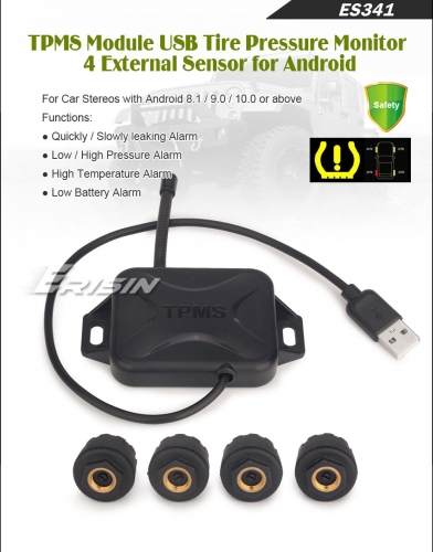 Erisin ES341 Universal USB TPMS Modul Reifendruckprüfer mit 4 Externe Sensors, USB Reifendrucksensor Reifendruckkontrollsystem für Android Autoradios