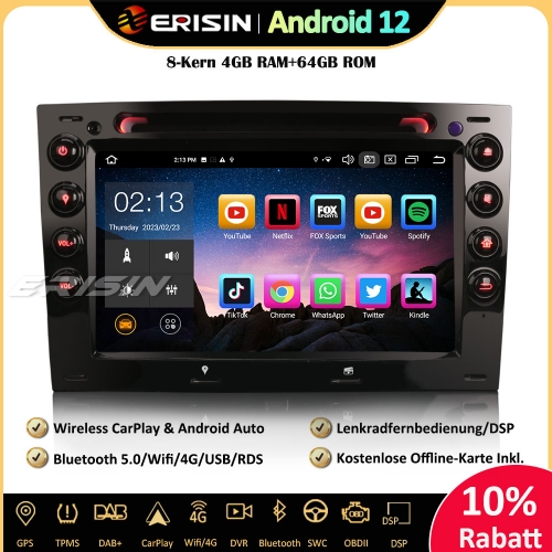 Erisin ES8513M 7 Zoll 8-Kern Android 12 Autoradio GPS CarPlay Android Auto DAB+ Navigation RDS OBD2 DSP SWC CD DVD Wifi Für Renault Megane 2