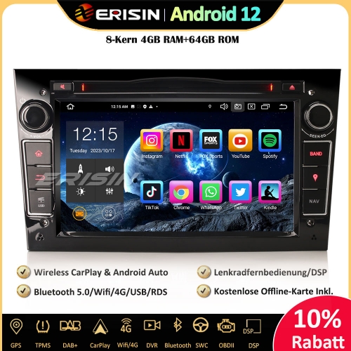 Erisin ES8560PB 7" Android 12 Autoradio GPS CarPlay DAB+ RDS DSP SWC Für Opel Aastra H Antara Combo Corsa C/D Meriva Signum Zafira Vectra Vivaro