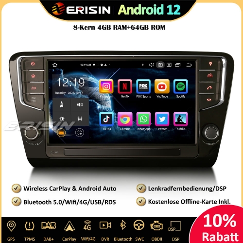 Erisin ES8527S 8-inch 8-Core Android 12 Autoradio GPS CarPlay Android Auto DAB+ Navigation RDS OBD2 DSP SWC Wifi For SKODA Octavia III