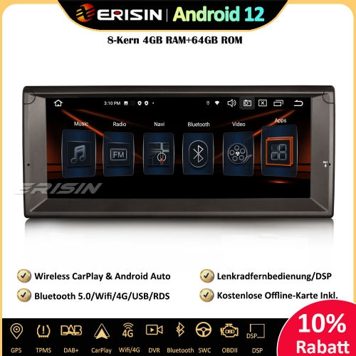 Erisin ES8503B 10.25 inch Android 12 Autoradio GPS CarPlay DAB+ Navi RDS CarPlay Canbus OBD2 TPMS For BMW 5er E39 M5