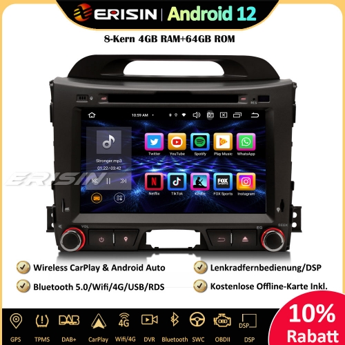Erisin ES8533S 8 Inch Android 12 Autoradio GPS Navigation For Kia Sportage 3 SL CarPlay Android Auto DAB+ Wifi SWC DSP Canbus CD Player