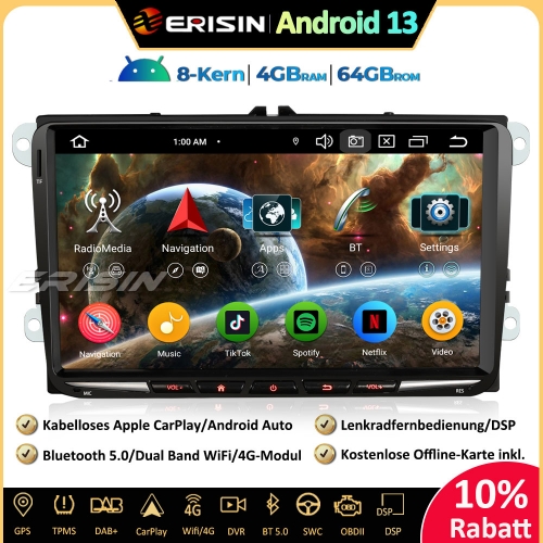 Erisin ES6791V 9 Inch Android 13 Autoradio GPS Navigation For VW Golf 5/6 Tiguan Passat Polo Caddy T5 Touran Seat Skoda CarPlay Android Auto DAB+