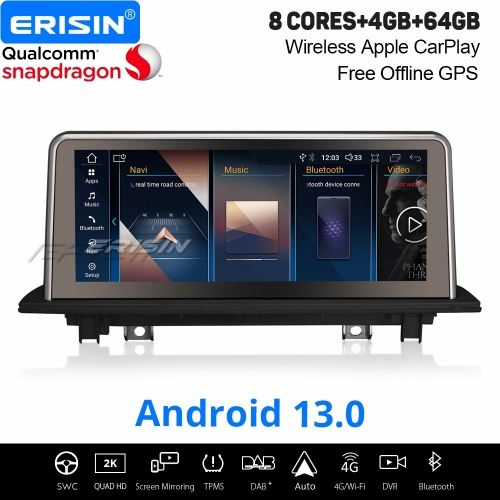 10,25" Qualcomm 8-Cœur 4Go+64Go Android 13.0 DAB+ Autoradio Navi pour BMW X1 F48 (2016-2017) NBT CarPlay&Android Auto TPMS WiFi Bluetooth 5.0 ES3348N