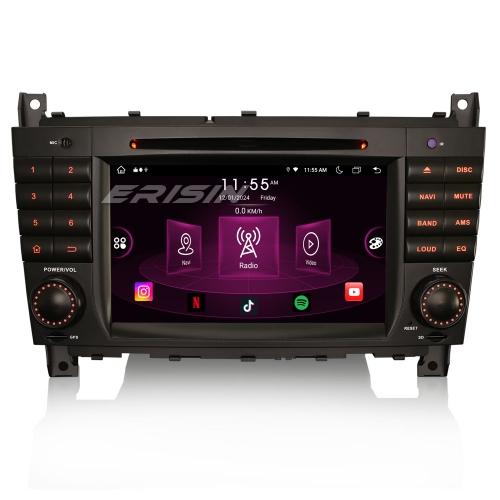 Erisin Android 14 IPS 4Go+64Go Autoradio pour Mercedes-Benz Classe C/G/CLC W463 W203 CarPlay Android Auto sans Fil WiFi 4G DVD DAB+ Navigateur ES8918C