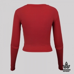 Snow Washed Stretchy Round-Neck Top with Cut at Elbows in Red