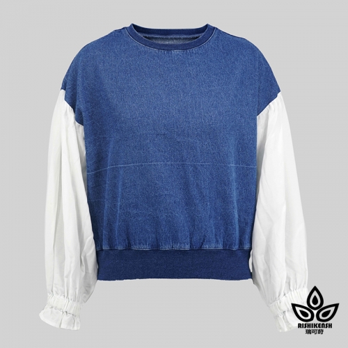 Denim contrast sleeve crew neck sweatshirt