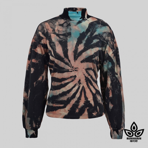Turtle Neck Long-Sleeve Sprial Tie-dye and Discharged Top