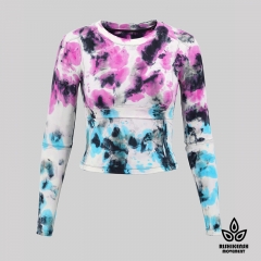 Graffiti Tie-Dye Stretchy Round-Neck Top with Cut at Elbows