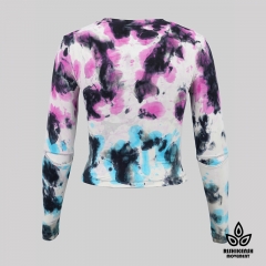 Graffiti Tie-Dye Stretchy Round-Neck Top with Cut at Elbows