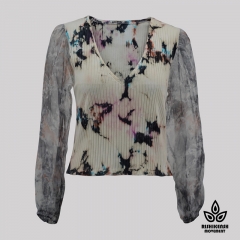 Graffiti Tie-Dye V-Neck Top with Long Mesh Puff Sleeves