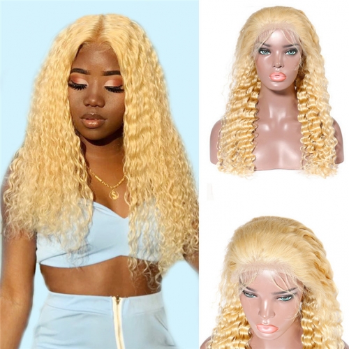 QueenWeaveHair Deep Curly Human Hair Honey Butter Blonde Lace Front Wig With Baby Hair