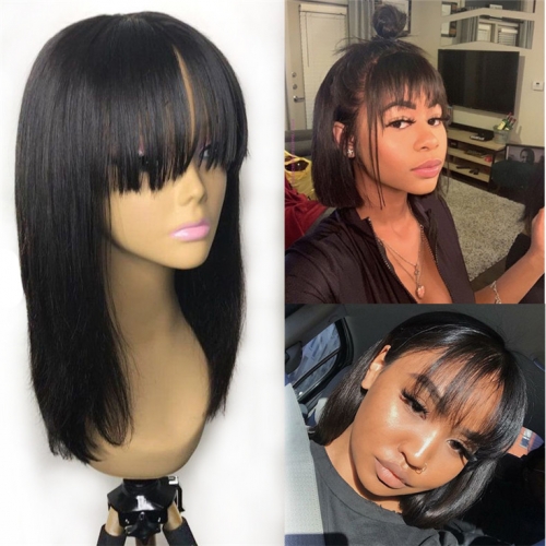 QueenWeaveHair Cheap Straight Human Hair Bob Wigs With Bangs For African American