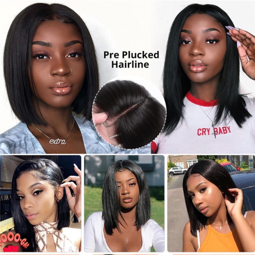 QueenWeaveHair Pre Plucked Straight Human Hair Bob Wigs For African American