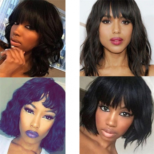 QueenWeaveHair Pre Plucked Short Wet And Wavy Bob Wigs With Bangs
