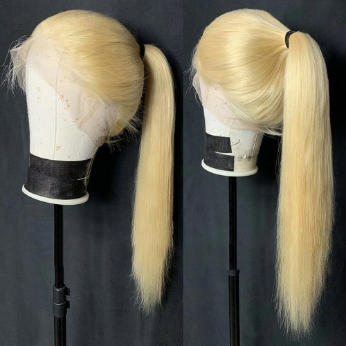 QueenWeaveHair Straight Honey Blonde Human Hair Wig With Baby Hair HD Transparent Lace 613# Single Color