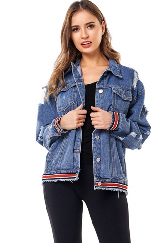 Broken hole loose denim jacket ribbon denim jacket 