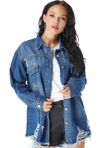 Long top denim jacket with raw edges and ripped holes