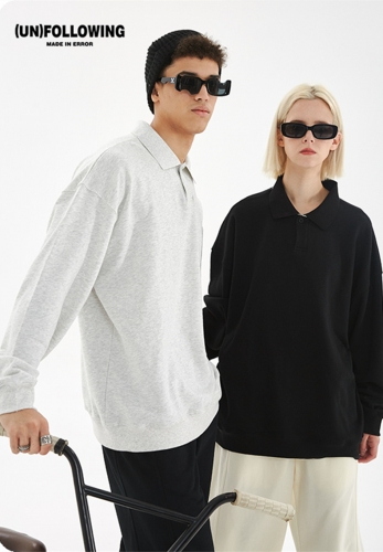 300G 2021 Autumn & winter new  loose long-sleeved lapel T-shirt solid color unisex polo shirt