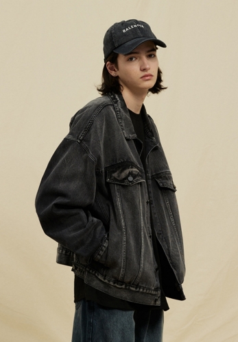 Casual loose black base wash denim jacket