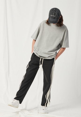 Straight tube drawstring casual pants with spliced side stripes