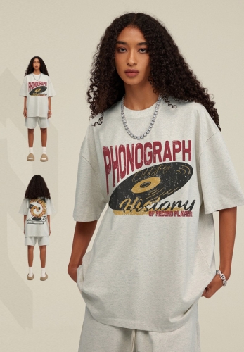 305G Vintage Gramophone Printing Round Collar T-shirt
