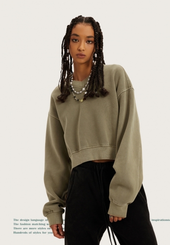 Vintage fleece V-neck cropped hoodie