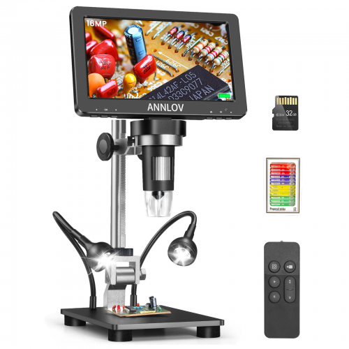 7" HDMI LCD Digital Microscope, ANNLOV 1500X Coin Microscope Video Microscope with 16MP Image Sensor, Windows/TV/Mac Compatible, Upgraded Brackets & 32GB TF Card Included