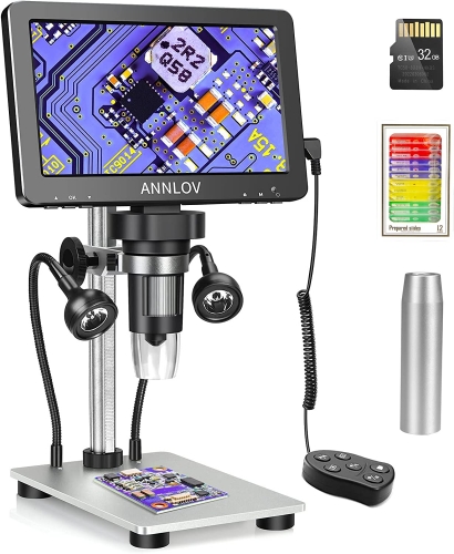 7" LCD Digital Microscope, ANNLOV 1200X Maginfication 1080P Coin Microscope with Remote, Video Microscope Camera with 8 LED Fill Lights Windows/Mac Compatible, 32GB TF Card, Extension Tube Included