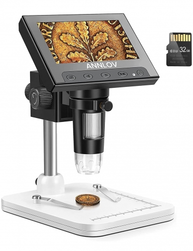 4.3" LCD Digital Microscope, 50X-1000X Magnification Coin Microscope with 8 Adjustable LED Lights for Adults and Kids for Coin/Stamps/Plants/Soldering, 32GB TF Card Included, Windows Compatible