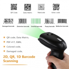 Evnvn Bluetooth Wireless Barcode Scanner Wall Mountable, 2.4G Wireless 1D QR 2D Bar Code Reader CMOS Screen Scanning PDF417 Data Matrix Scan with Adjustable Folding Stand and USB Charging Cradle