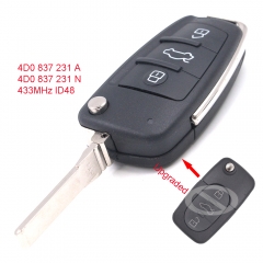 Upgraded Flip Remote Car Key Fob 433MHz ID48 for Audi TT RS4 A3 A4 A6 A8 P/N: 4D0837231A / 4D0837231N