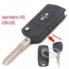 Upgraded Flip Remote Car Key Fob 2 Button 433MHz 4D63 for Mazda 2 3 6 2002-2005 Visteon Model No. 41803