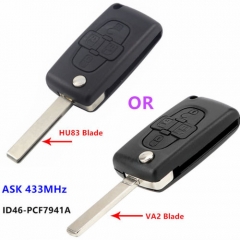 Replacement Flip Remote key Fob 4 Button ASK 433MHz for Peugeot 1007 Citroen C8