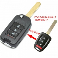 Upgraded Flip Remote Car Key Fob 3+1 Button 433MHz ID47 for Honda Fit Civic XRV 2015