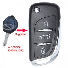 Upgraded Flip Remote Car Key Fob 1 Button 434MHz ID45 for Peugeot 206 306 from 1998 Uncut Blade