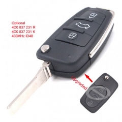 Upgraded Flip Remote Car Key Fob 3 Button 433MHz ID48 for Audi 4D0 837 231 R