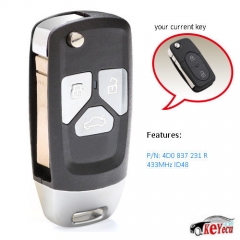 Upgraded Flip Remote key Fob 433MHz ID48 for Audi A3 A4 A6 Quattro 4D0 837 231 R