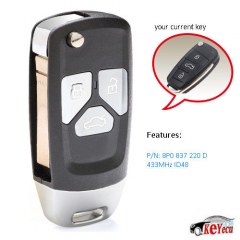 Upgraded Flip Remote key 433MHz ID48 Fob for Audi A3 S3 RS3 TT TTS TTRS P/N: 8P0 837 220 D