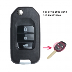 Upgraded Flip Remote Car Key Fob 3 Button 313.8 MHz ID46 chip for Honda Civic 2009-2013 year