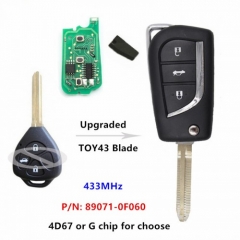 Upgraded Remote Car Key 3 Buttons 433MHz for Toyota Avensis Europe,for Yaris UK 89071-0F060