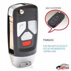 Upgraded Replacment Flip Remote Key Fob for Audi TT A4 A6 A8 97-05 FCC: MYT8Z0837231