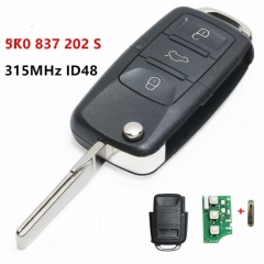 Upgraded Folding Remote Key Fob 3 button 315MHz ID48 chip for Volkswagen ZV Radio USA Golf Scirocco Beetle 5K0837202S